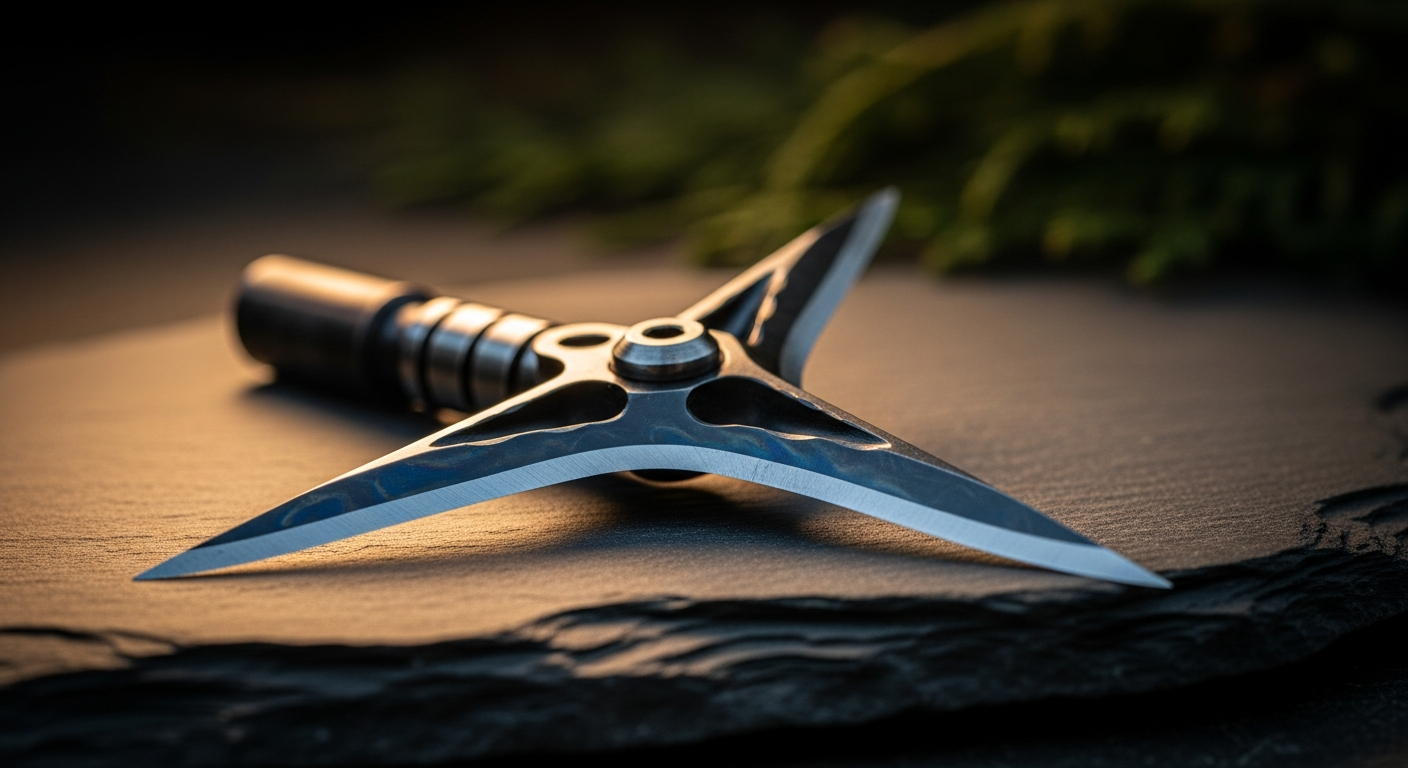 Fixed-blade broadheads laid out on a workbench