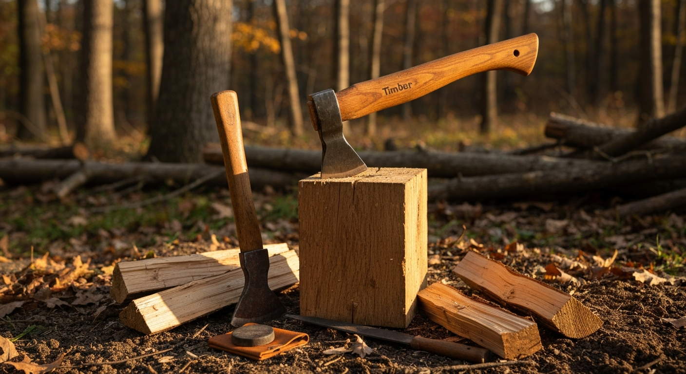 Bushcraft hatchet buried in an oak chopping block at a hunt camp at golden hour